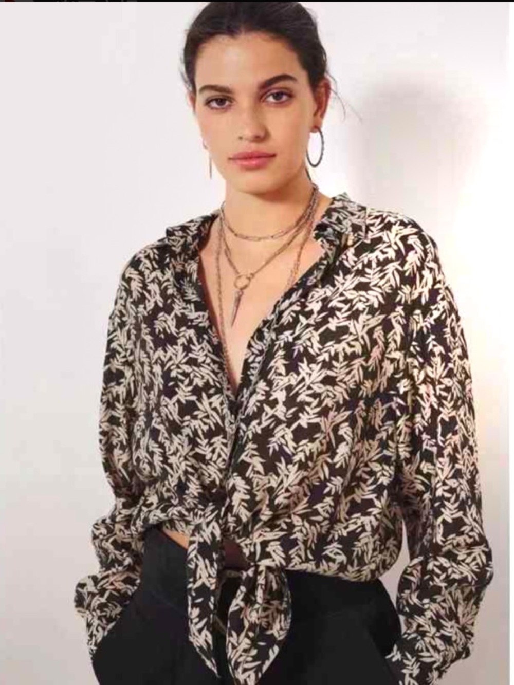 ba&sh Tarmac Black and Cream Leaf-Print Tie-Front Blouse Size M Like New